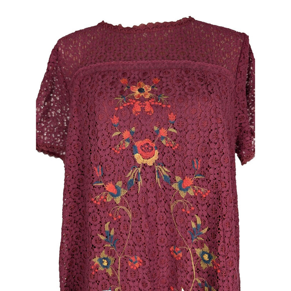 Umgee Women’s Size L Boho Lace Floral Embroidered Shift Dress Lined Red Burgundy - Picture 4 of 10